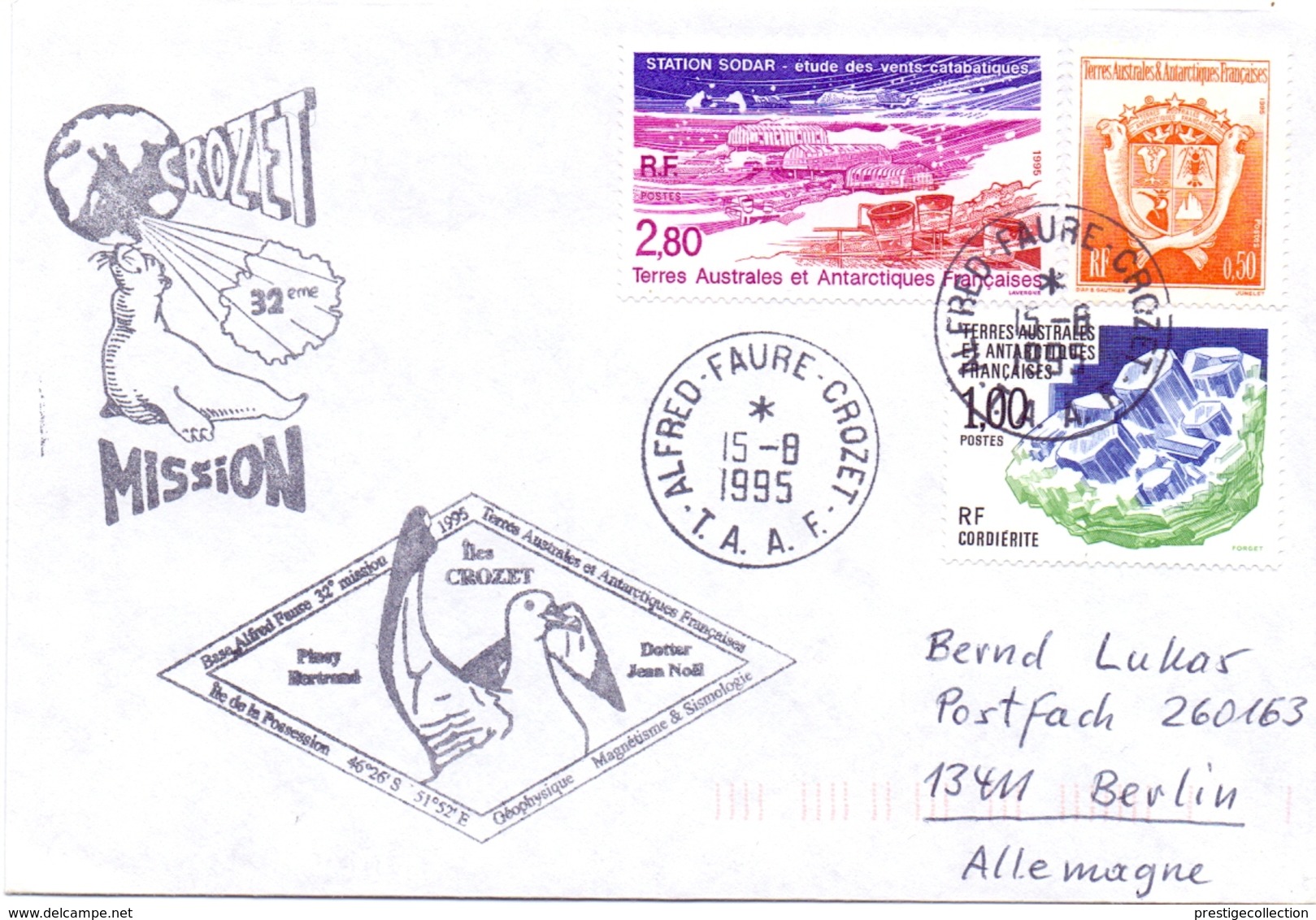 TAAF 1995 MISSION ALFRED FAURE CROZET  COVER  (DICE180001) - Preserve The Polar Regions And Glaciers