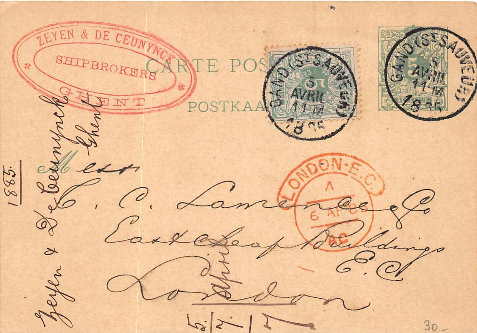 BELGIQUE  -  Entier Postal  5 Centimes ( Gand Saint Sauveur ) Pour London - 1885 - Cartes Postales 1871-1909