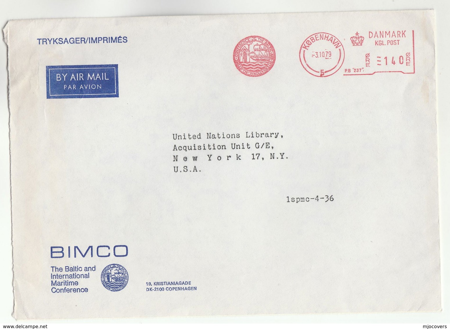 1979 Denmark BALTIC INTERNATIONAL MARITIME CONFERENCE To UNITED NATIONS NY USA Meter Slogan SAILING SHIP Un Cover - UNO