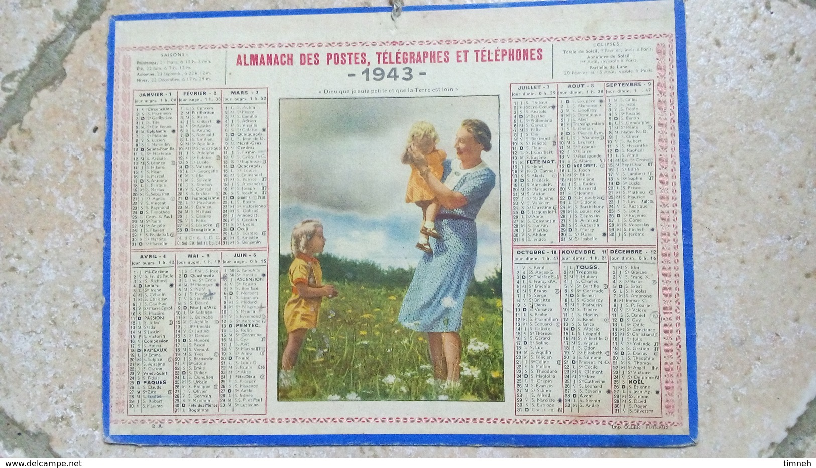 CALENDRIER - 1943 ALMANACH DES POSTES TELEGRAPHES ET TELEPHONES - Maman Et Enfants Dans Un Pré - Grand Format : 1941-60
