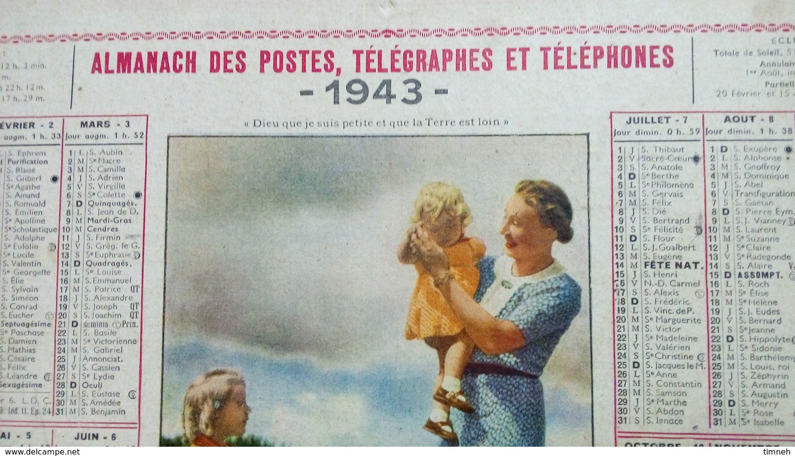 CALENDRIER - 1943 ALMANACH DES POSTES TELEGRAPHES ET TELEPHONES - Maman Et Enfants Dans Un Pré - Grand Format : 1941-60