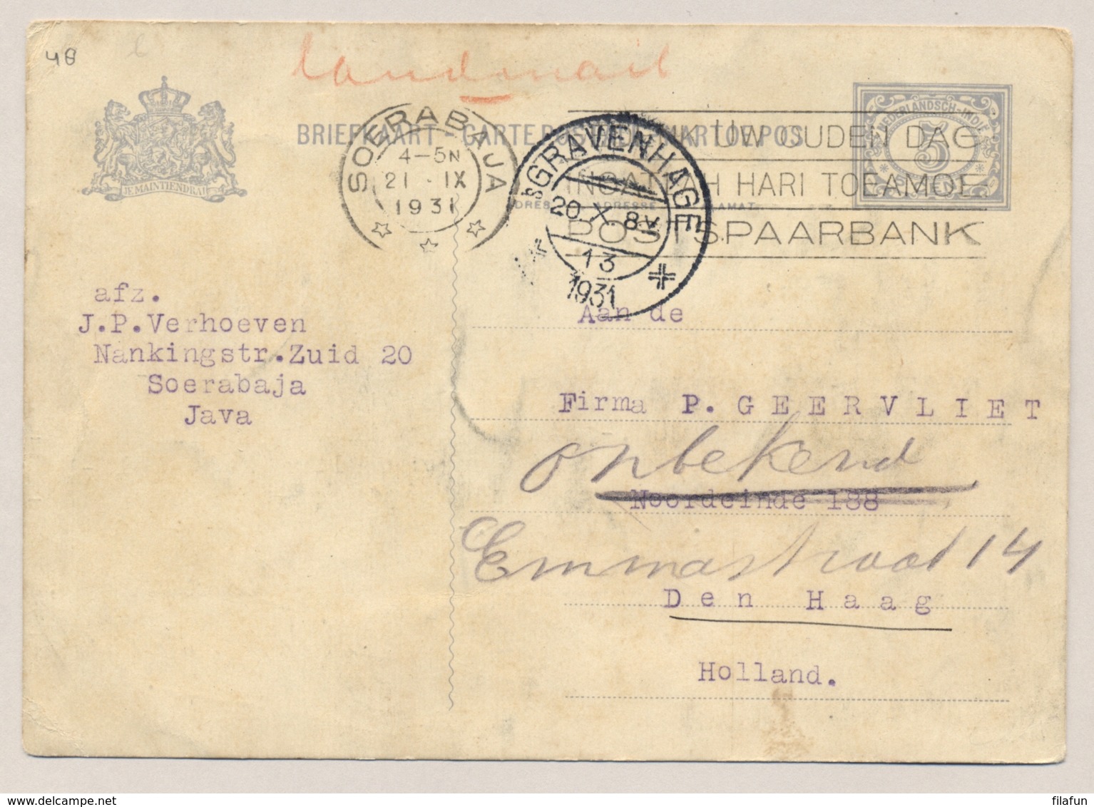 Nederlands Indië - 1931 - Machinestempel GEDENK UW OUDEN DAG - Soerabaja Op Briefkaart G48 Naar Den Haag - Nederlands-Indië