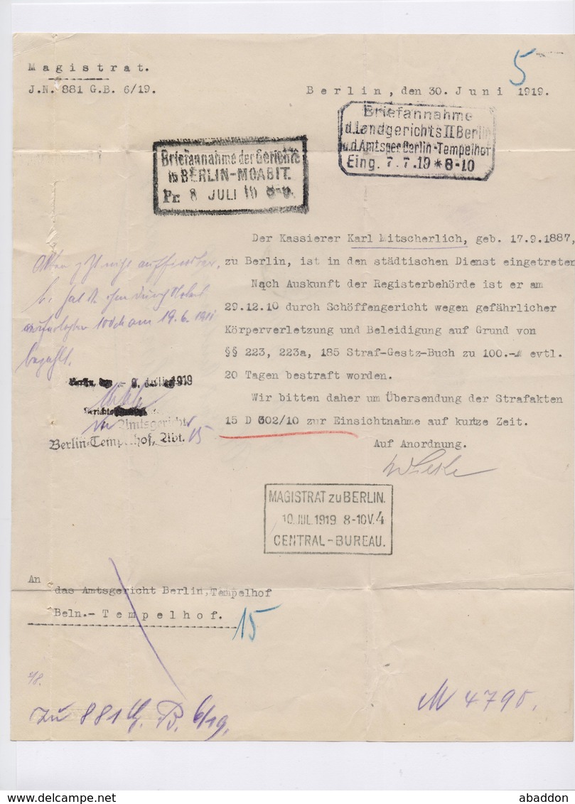 DR Portopflichtige Dienstsache Frei! EF 10Pfg Germania Perfin O TSt BERLIN 1919 - Dienstmarken