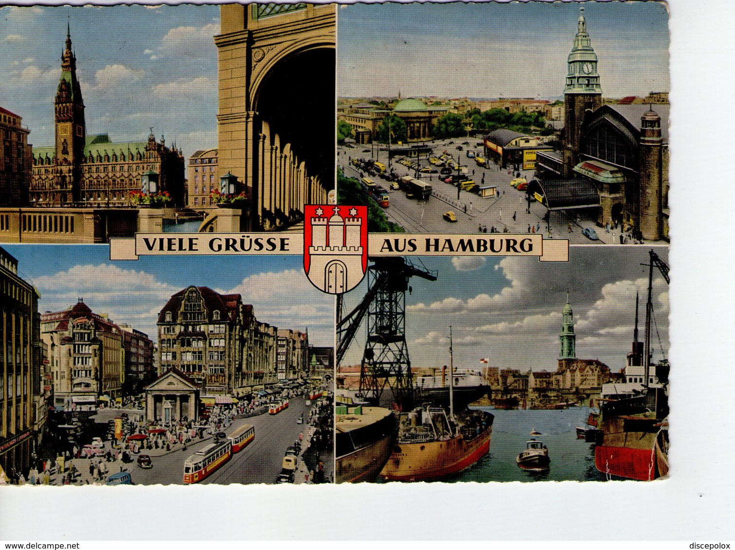 U4094 Postcard 1961 VIELE GRUSSE AUS HAMBURG + NAVE NAVY SHIP BATEAUX NAVI STATION TRAM TRAMWAY - Altri & Non Classificati
