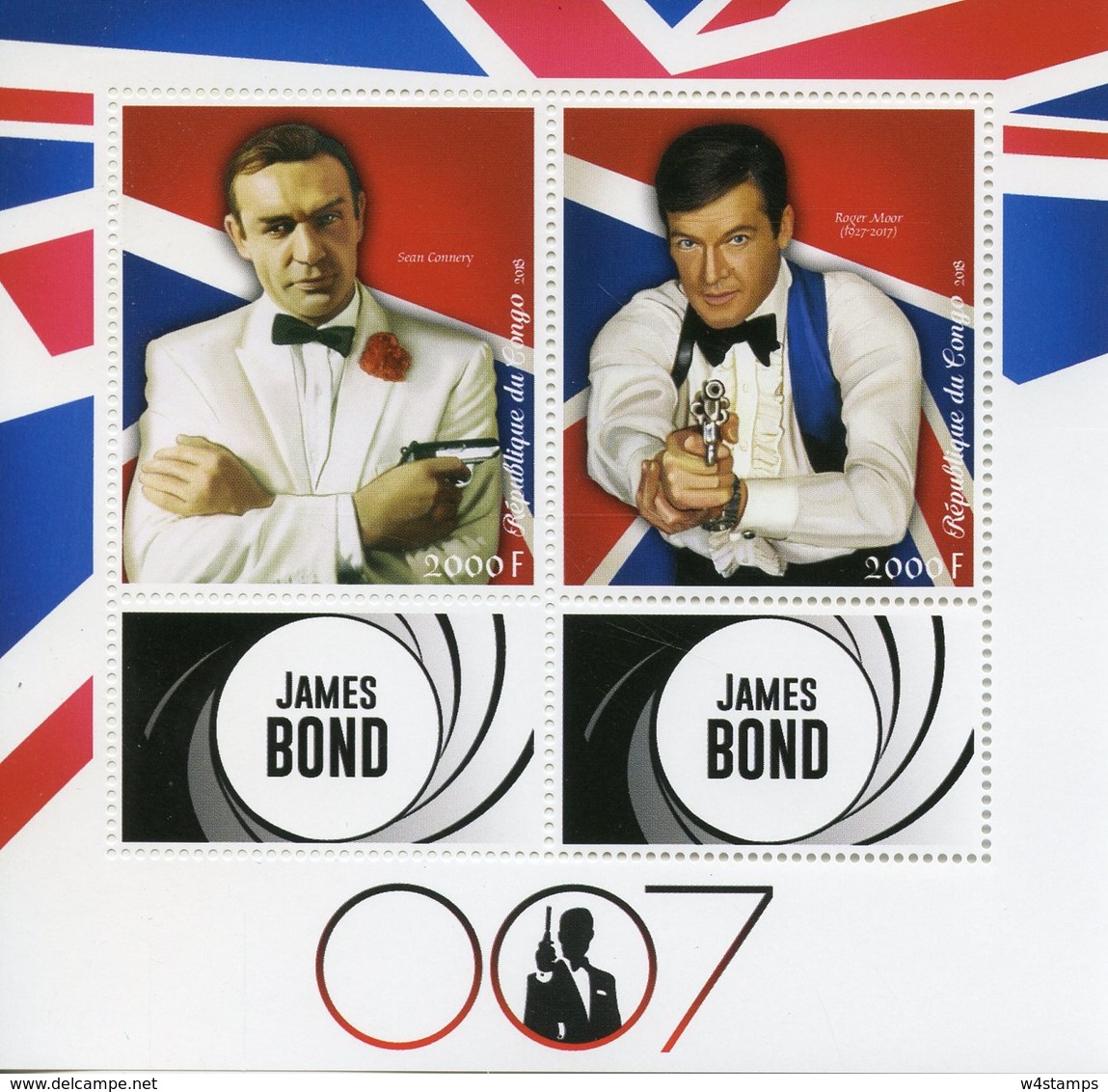 Congo 2018 MNH James Bond 007 Sean Connery Roger Moore 2v M/S Actors Famous People Movies Stamps - Schauspieler