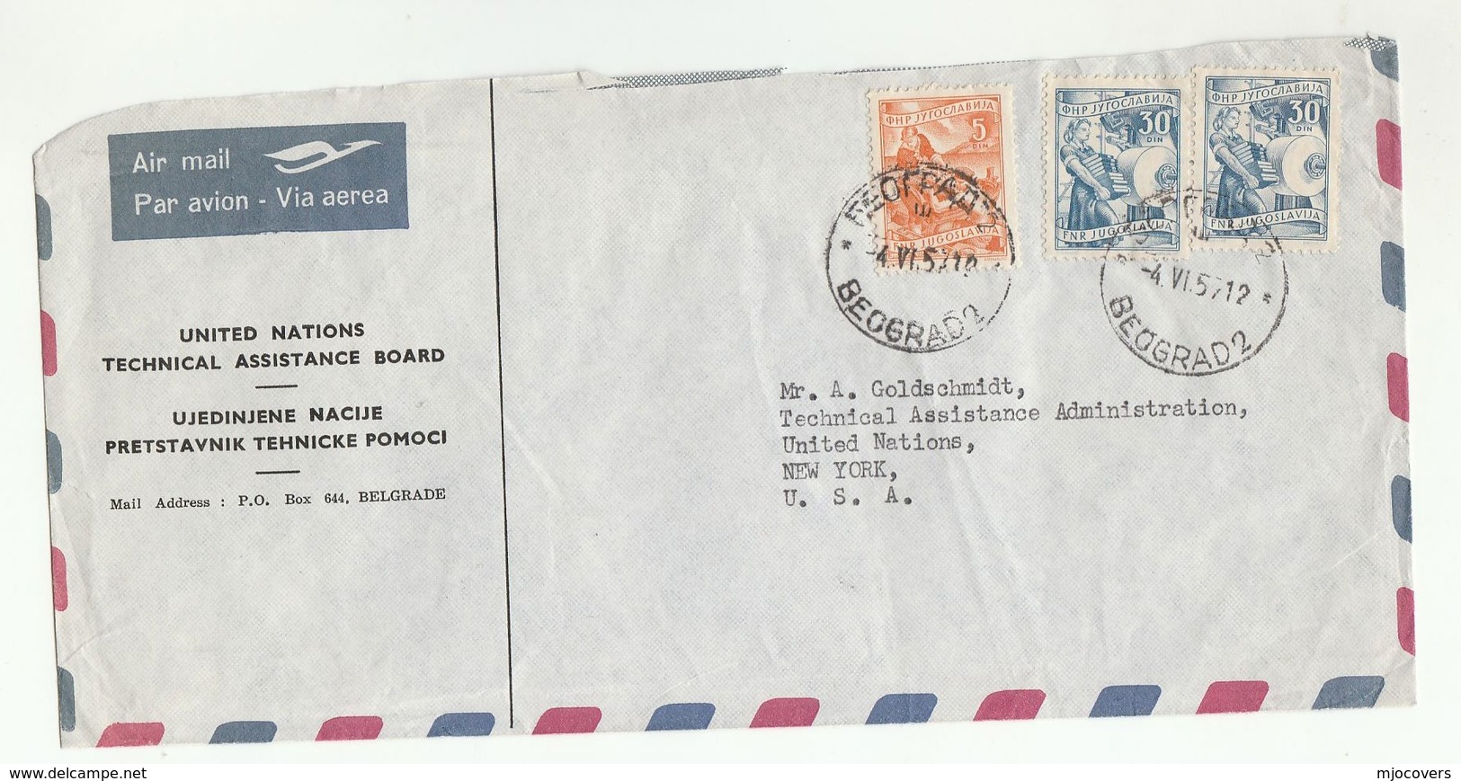 1957 UN In YUGOSLAVIA  UNITED NATIONS TECHNICAL ASSISTANCE BOARD  To UN NY USA  Stamps Cover Airmail - Covers & Documents