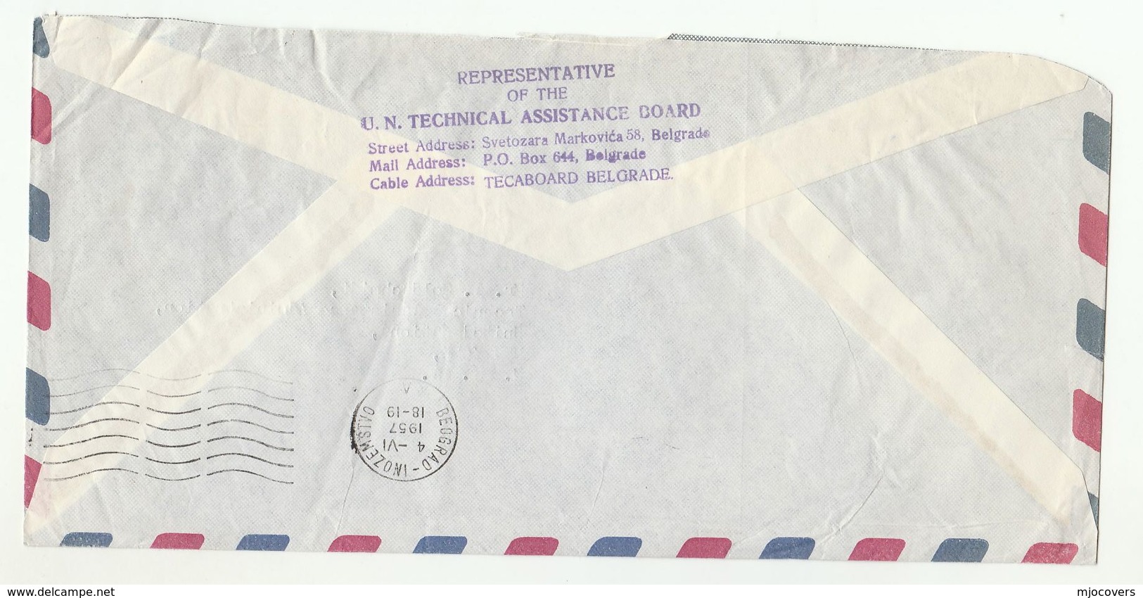 1957 UN In YUGOSLAVIA  UNITED NATIONS TECHNICAL ASSISTANCE BOARD  To UN NY USA  Stamps Cover Airmail - Covers & Documents
