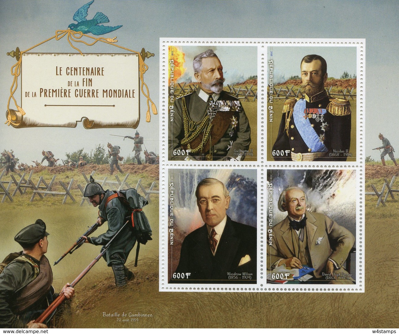 Benin 2018 MNH WWI WW1 First World War I Czar Nicholas Wilhelm II Woodrow Wilson 4v M/S Military Stamps - Militaria