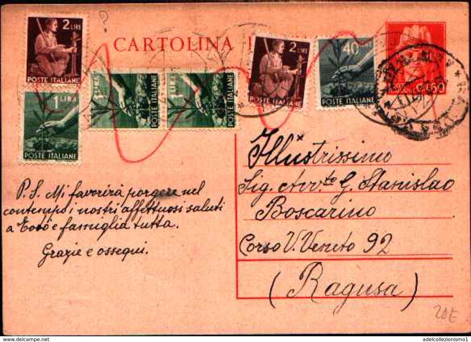 71147) INTERO POSTALE DA 60 C. TURRITA+40C.+3X1L.+2X2L. DEMOCRATICA DA VIZZINI  A RAGUSA IL 14-9-1947 - Interi Postali