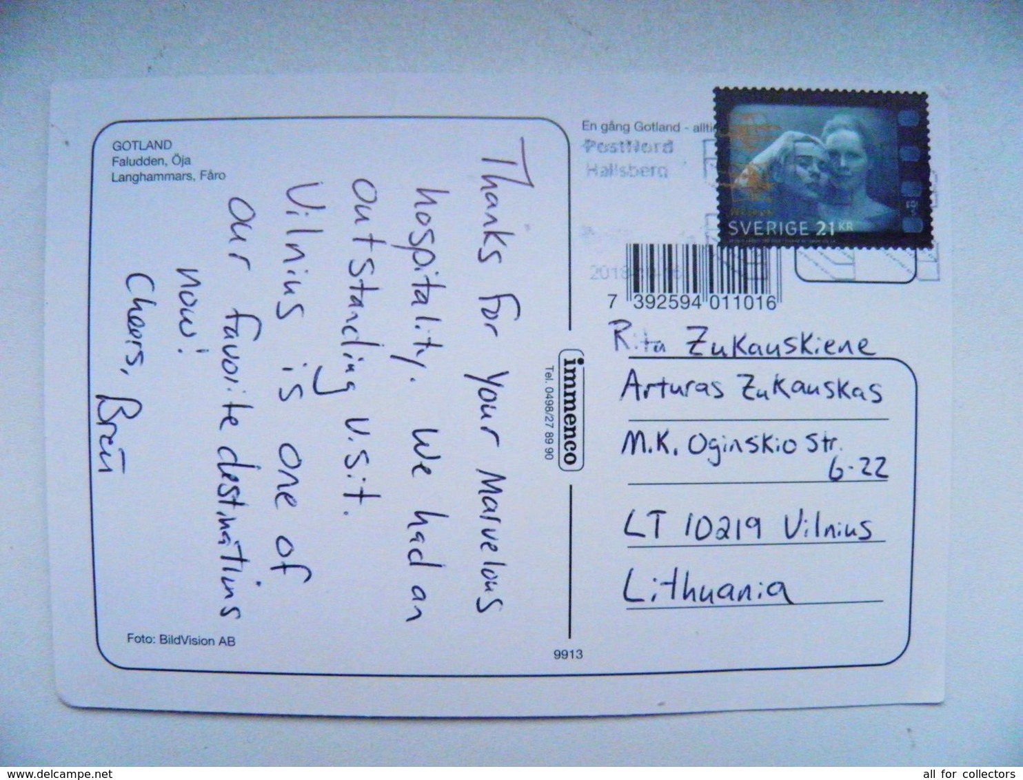 Post Card Carte From Sweden To Lithuania Gotland Cinema Movie Film - Covers & Documents