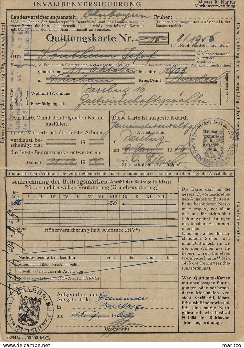 Deutschland Bayern Karte Invalidenversicherung Social Security 1956 - Sonstige & Ohne Zuordnung