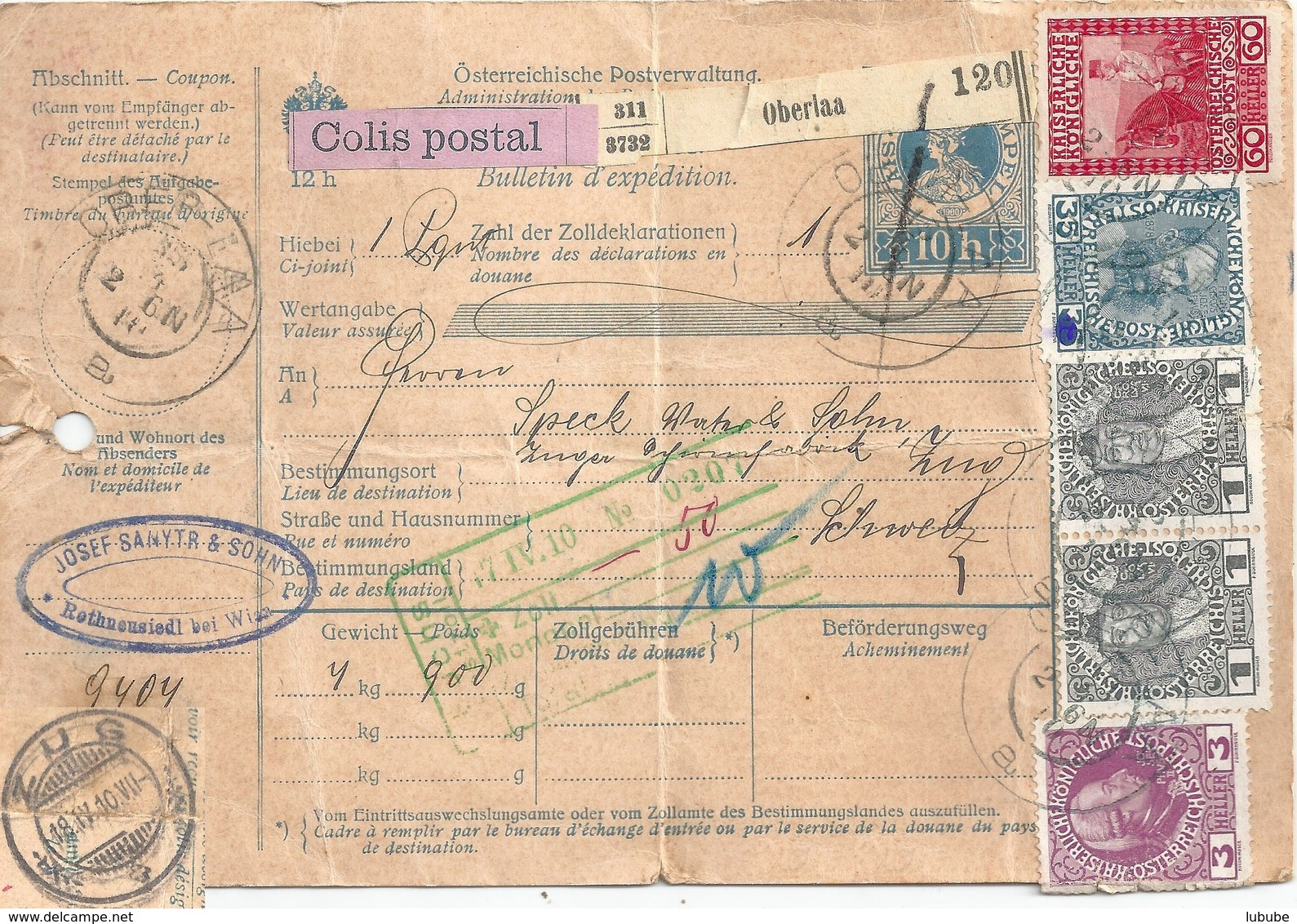 Paket Begleitadresse  Oberlaa - Buchs SG - Zug             1910 - Storia Postale