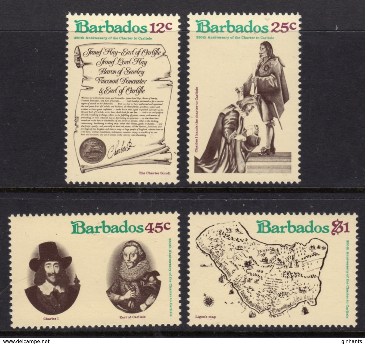 BARBADOS - 1977 CHARTER ANNIVERSARY SET (4V) FINE MNH ** SG 586-589 - Barbados (1966-...)