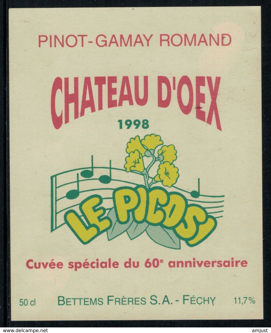 Rare //Etiquette De Vin // Musique // Pinot-Gamay, Château D'Oex 1998, Le Picosi, Cuvée Du 60ème - Musik