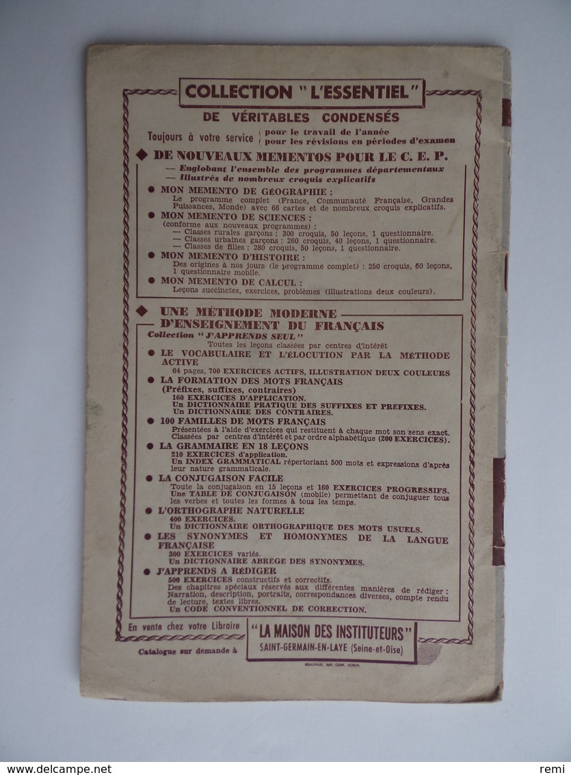 Livre Ancien Mémento De SCIENCES Ecoles Rurales Primaires Auteur J.Anscombe Collection L'Essentiel - Auto