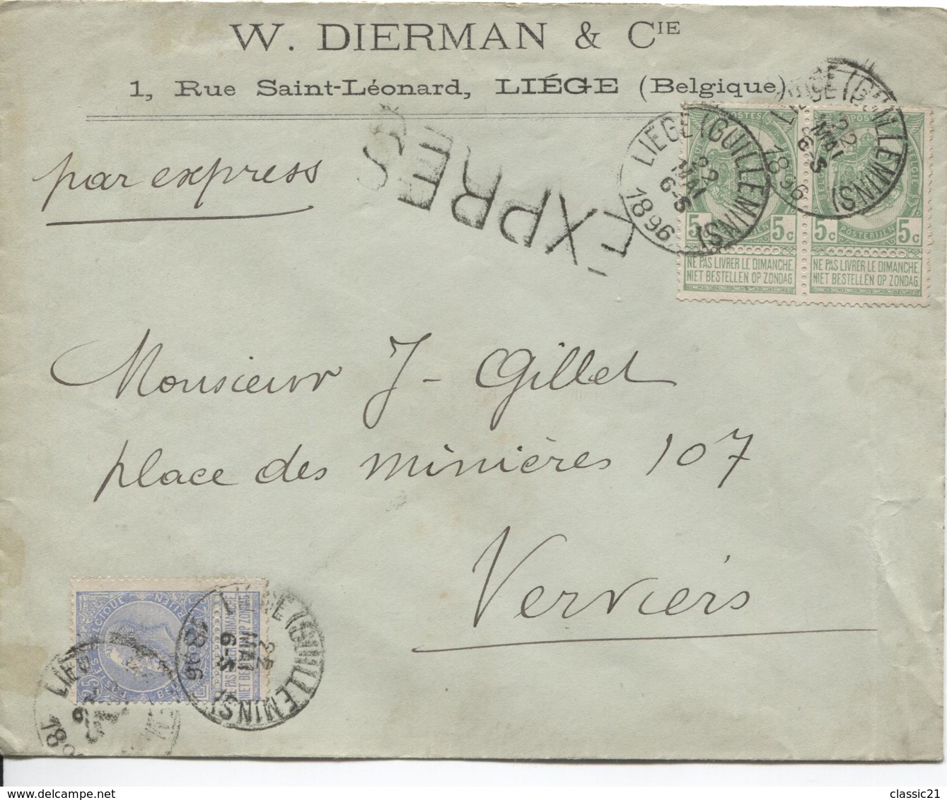 2568/ TP 56(2)-60 S/L.recommandée Entête W.Dierman & Cie Liège En Expres C.Liège (Guillemins)1896 V.Verviers - 1893-1900 Thin Beard