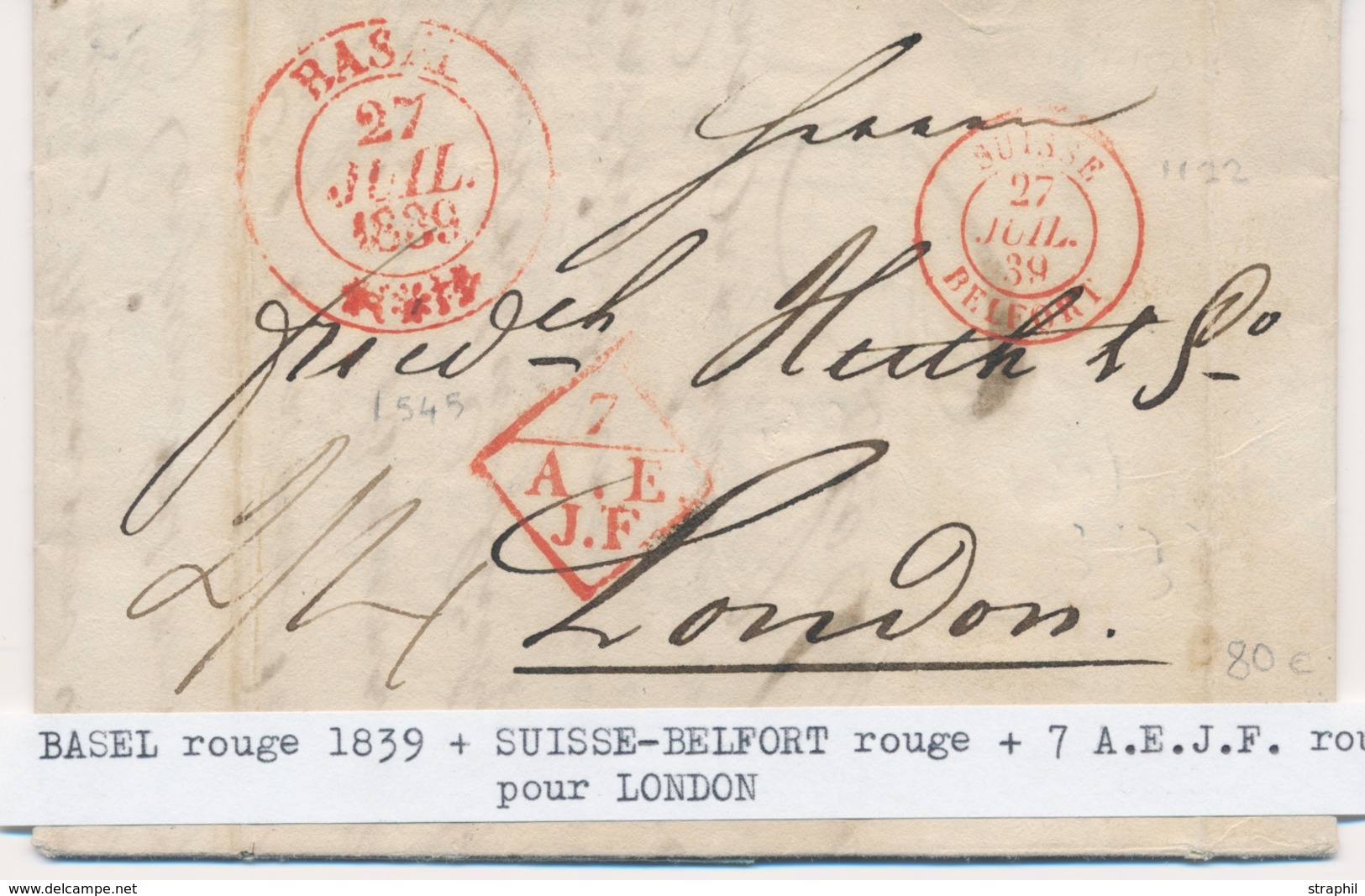 LAC MARQUES D'ENTREE (N° Noël) - LAC - N°1122 - Suisse Belfort - 27/7/39 (Rge) + 7 A.E.J.F Rge + Càd Basel Rouge - Pr Lo - 1801-1848: Voorlopers XIX