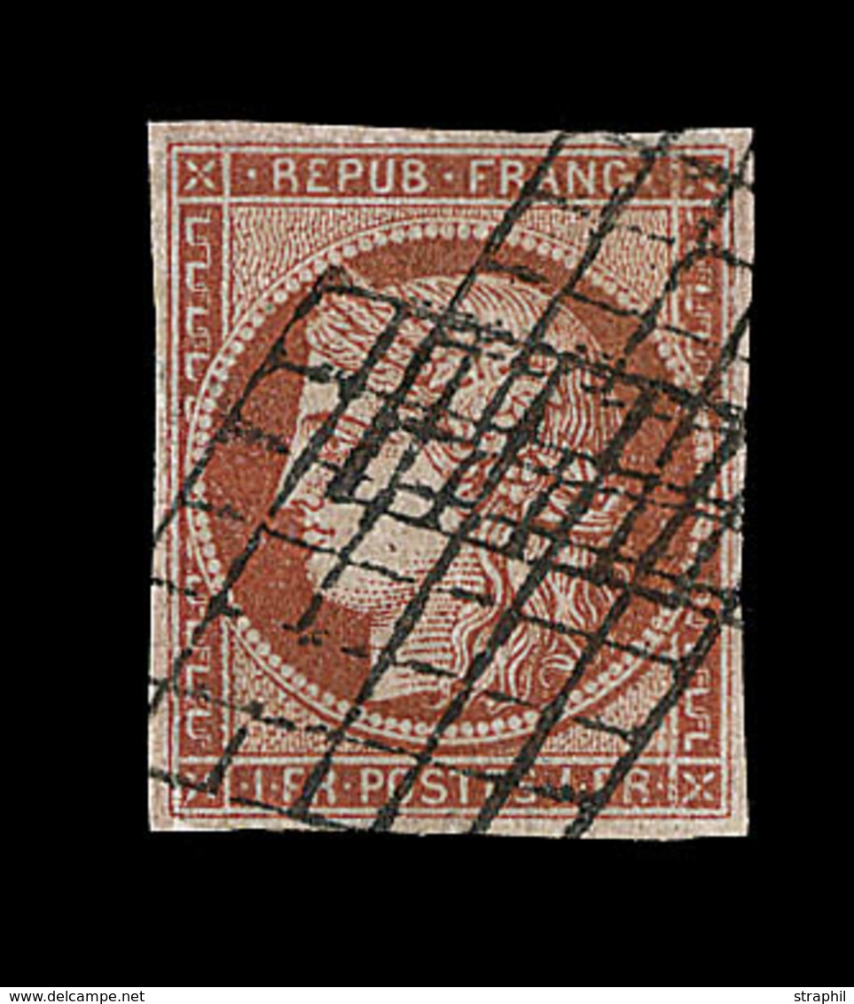 O EMISSION CERES 1849 - O - N°7b - 1F Vermillon Terne  - Obl. Grille - Restauré  - Asp. TB - Certificat Scheller - 1849-1850 Ceres