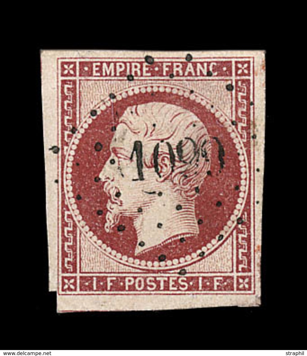 O NAPOLEON NON DENTELE - O - N°18 - 1F Carmin - Obl. PC 1009 - Coin SO Filet Non Touché - TB - 1853-1860 Napoleon III