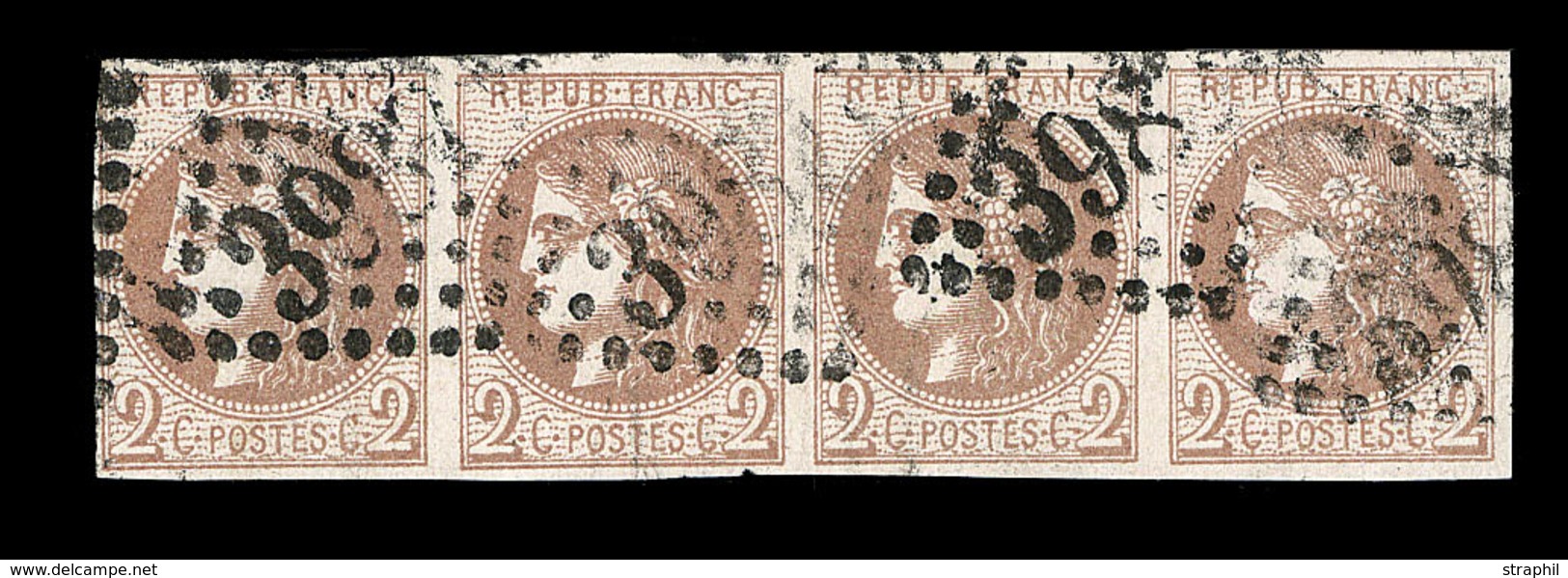 O EMISSION DE BORDEAUX  - O - N°40Bc - 2c Chocolat Foncé - Bde De 4 - Obl. GC 3987 - Petite Froissure Sans Importance -  - 1870 Bordeaux Printing