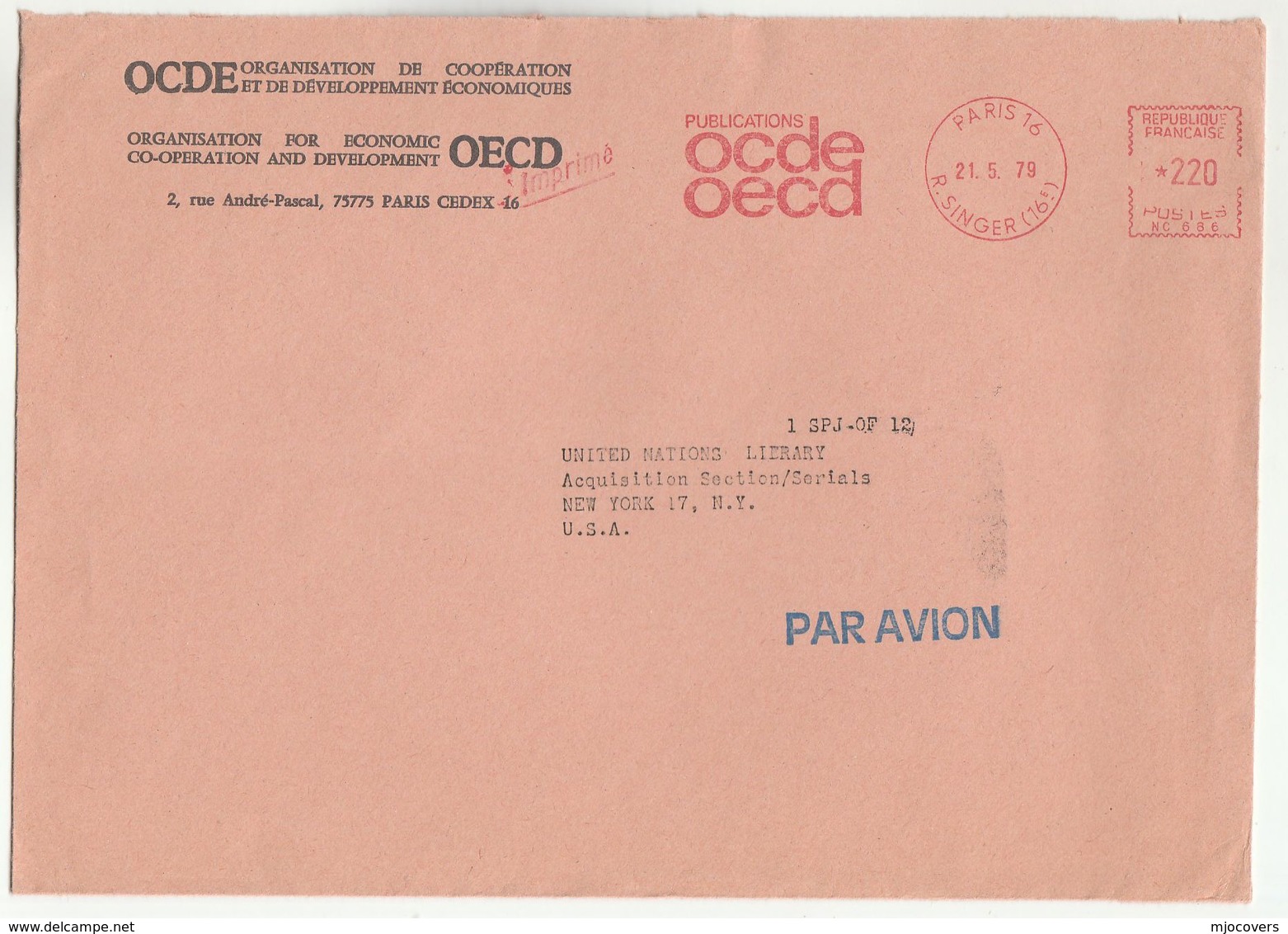 1975 OECD PARIS To UN NY USA France To United Nations METER SLOGAN OCDE COVER Airmail Stamps Economic Cooperation - Covers & Documents