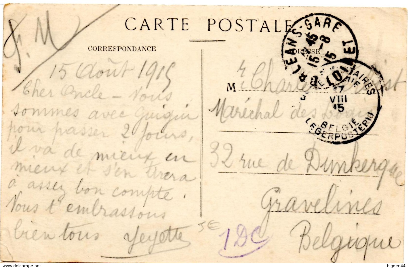 CP De Orléans Gare (15.08.1915) Pour Gravelins FM SM Postes Militaires - Esercito Belga