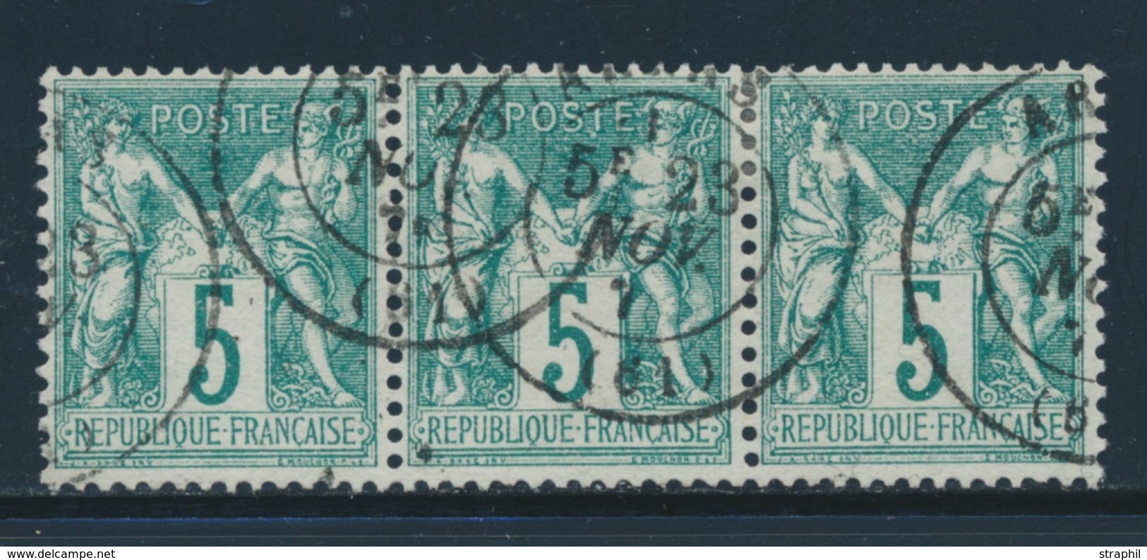 O TYPE SAGE - O - N°64 - 5c Vert - Bde De 3 - Signé Calves - TB - Cartes Postales Types Et TSC (avant 1995)