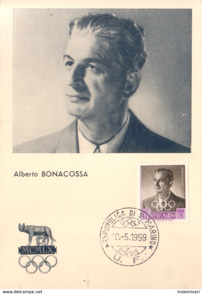 SAN MARINO 1959 - CARTOLINA FDC PRIMO GIORNO DI EMISSIONE PRE OLIMPICA:ALBERTO BONACOSSA. - FDC