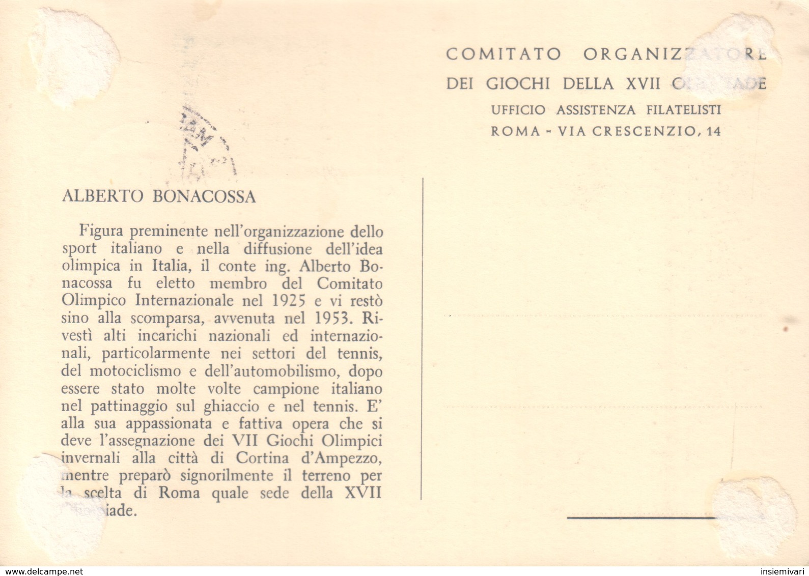 SAN MARINO 1959 - CARTOLINA FDC PRIMO GIORNO DI EMISSIONE PRE OLIMPICA:ALBERTO BONACOSSA. - FDC