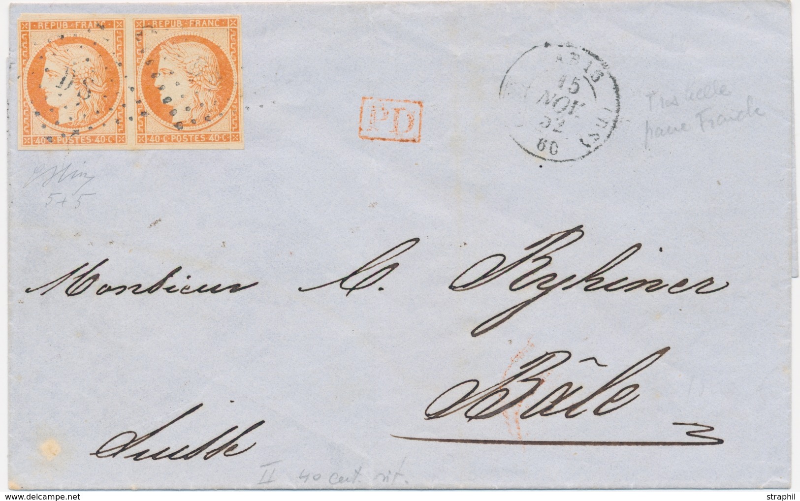 LAC Emission CERES 1849 Sur Lettre - LAC - N°5 Paire - Obl DS - Paris Le 15/11/52 - Pour Bâle - TB - 1849-1876: Période Classique