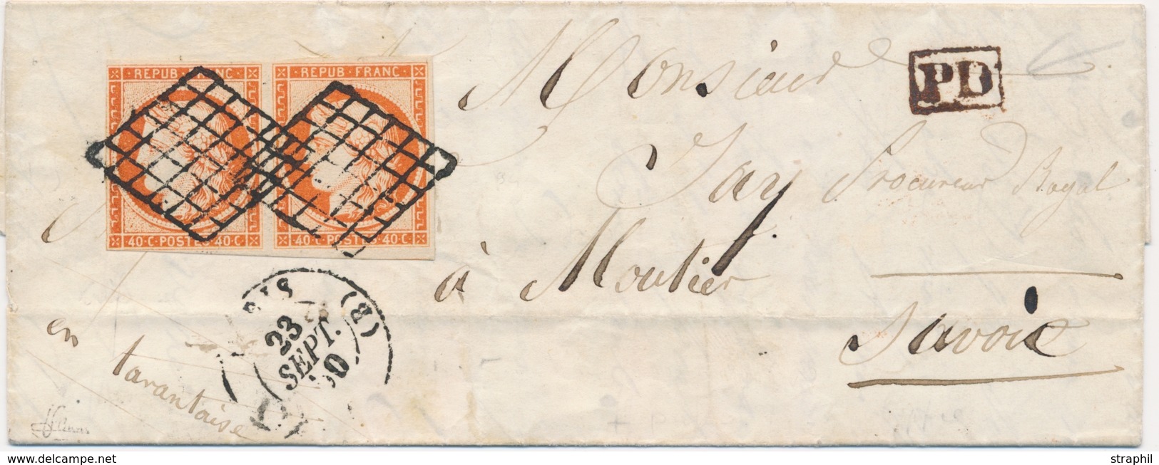 LAC Emission CERES 1849 Sur Lettre - LAC - N°5a - 40c Orange Vif - Paire Touchée à Gauche - Obl. Grille - Càd PARIS - 23 - 1849-1876: Période Classique