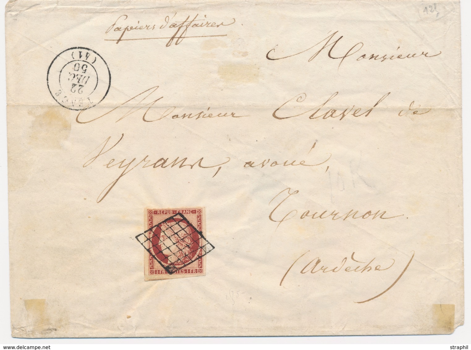 L Emission CERES 1849 Sur Lettre - L - N°6 - 1F Carmin - Obl Grille - Papiers D'affaire - T15 Tence - 22/12/50 - TB - 1849-1876: Période Classique