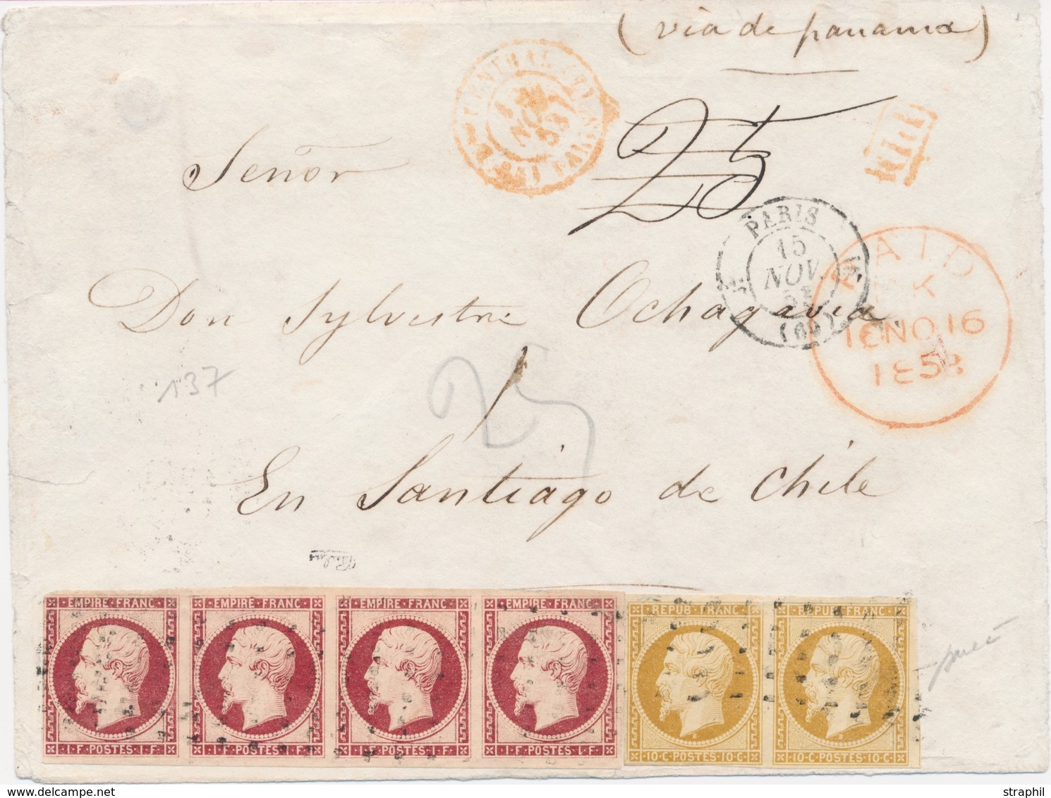 L Emission Présidence Sur Lettre - L - N°9, 18g - Dble Port Pr La Cote Pacifique (4F20) - Afft Avec Une Paire De 10c Bis - 1849-1876: Klassik