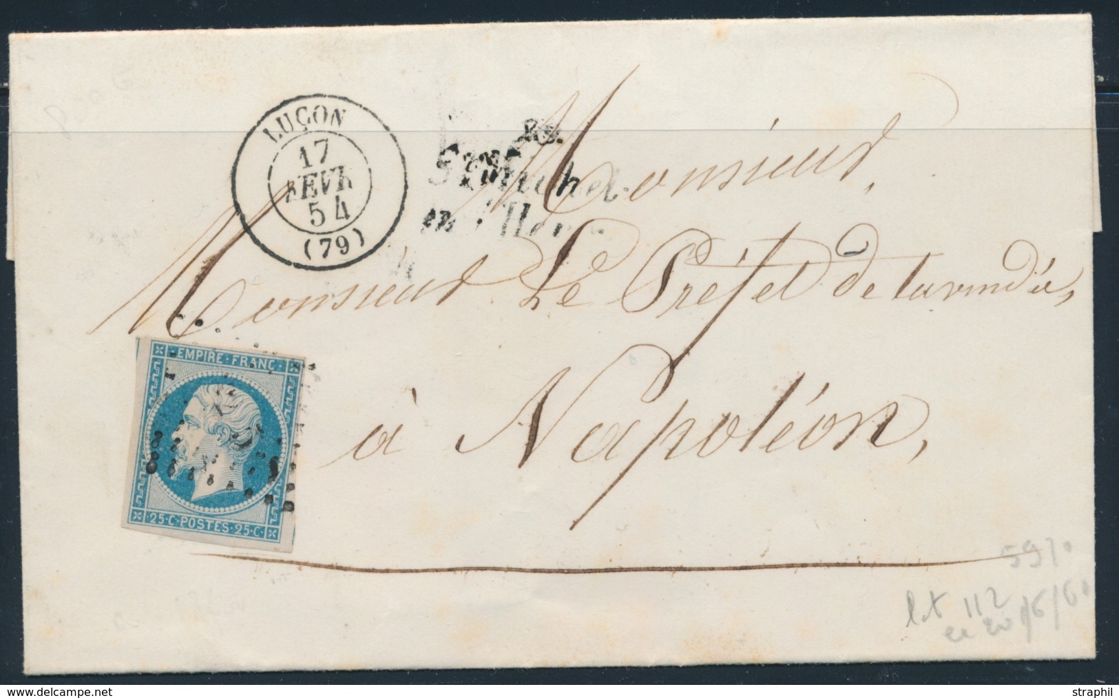 LAC Emission Napoléon Non Dentelé Sur Lettre - LAC - N°15 - Obl. PC + T15 Luçon - 17/2/54 - Pr Napoléon + Cursive "79 St - 1849-1876: Klassik