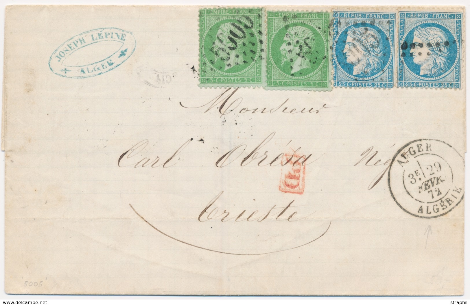 LAC Emission Napoléon Non Dentelé Sur Lettre - LAC - N°20 X2, 60A X2 - Afft à 60c Pour Trieste - Obl GC 5000 + Càd Alger - 1849-1876: Klassieke Periode