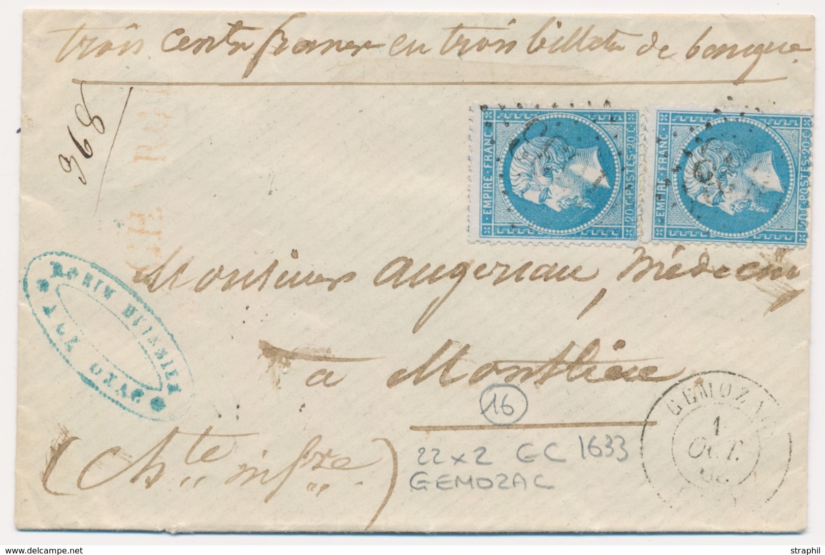 L Emission Napoléon Non Dentelé Sur Lettre - L - N°22 X 2 - S/L "CHARGE" Avec Valeurs - Obl GC 1633 - Càd Gemozac 1866 - - 1849-1876: Klassik