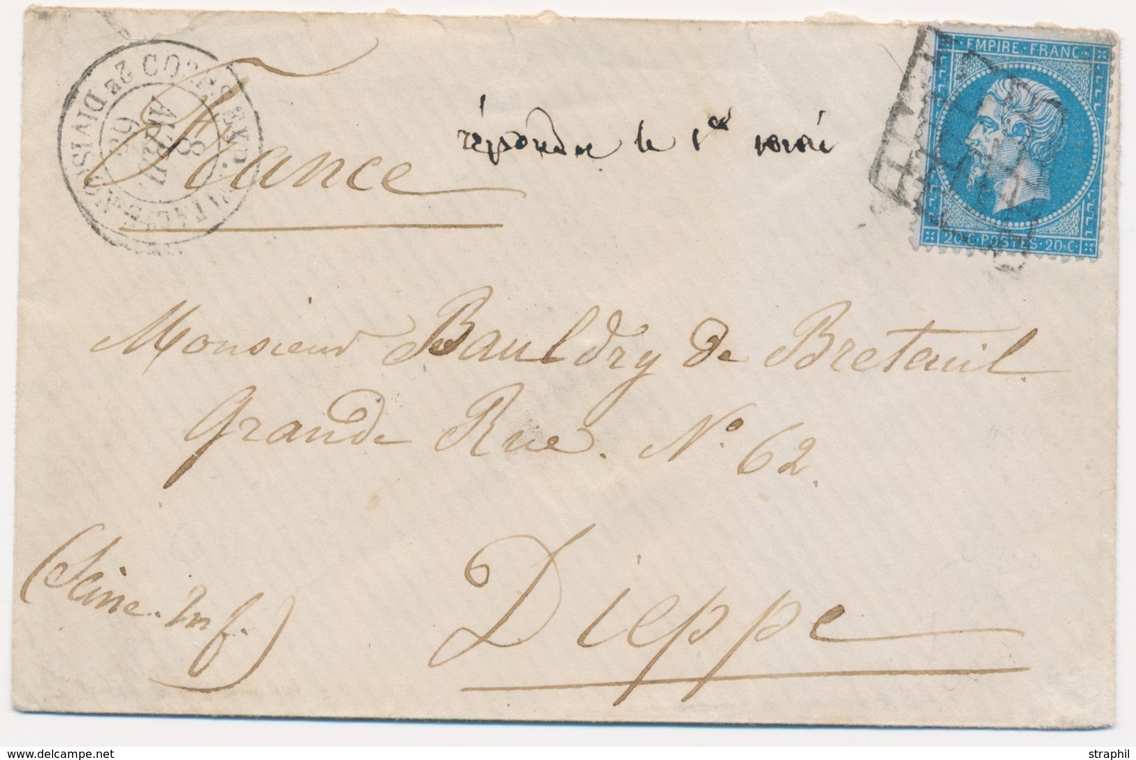 L Emission Napoléon Non Dentelé Sur Lettre - L - N°22 - 20c Bleu - Obl. Grille - Càd Corps Exp. D'Italie/2° Division - 8 - 1849-1876: Klassik