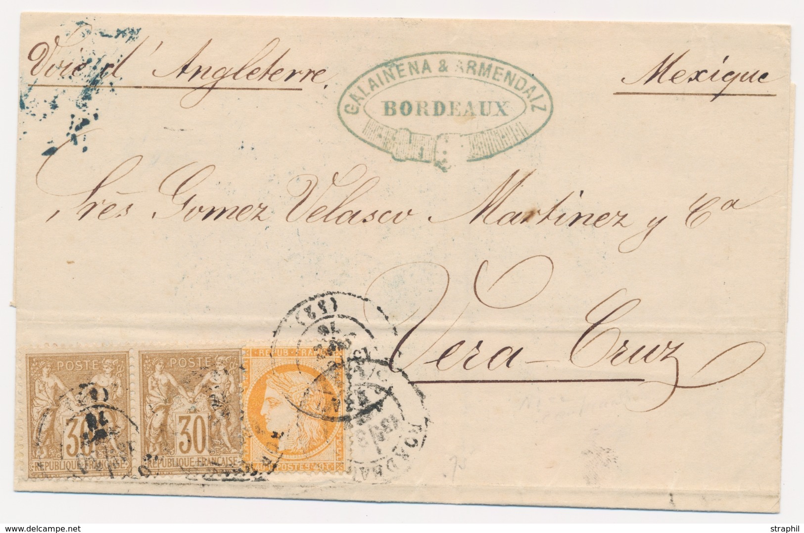 LAC Emission Type Sage Sur Lettre - LAC - N°69 Paire + N°38  Obl Bordeaux 30/09/76 - Pour Vera Cruz - TB - 1849-1876: Période Classique