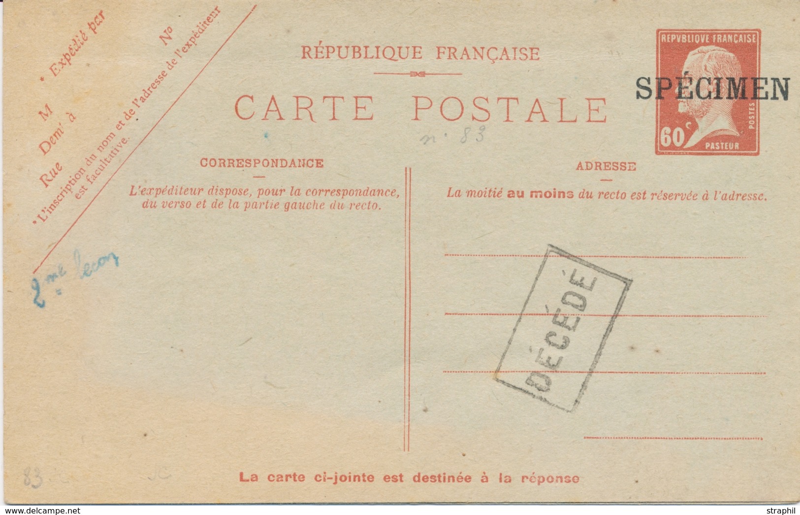 EP ENTIERS POSTAUX (Réf. YVERT/TELLIER) - EP - 60c Rouge PASTEUR CPRP1  - Carte Réponse - Surch. SPECIMEN + Limoges Cour - Kartenbriefe