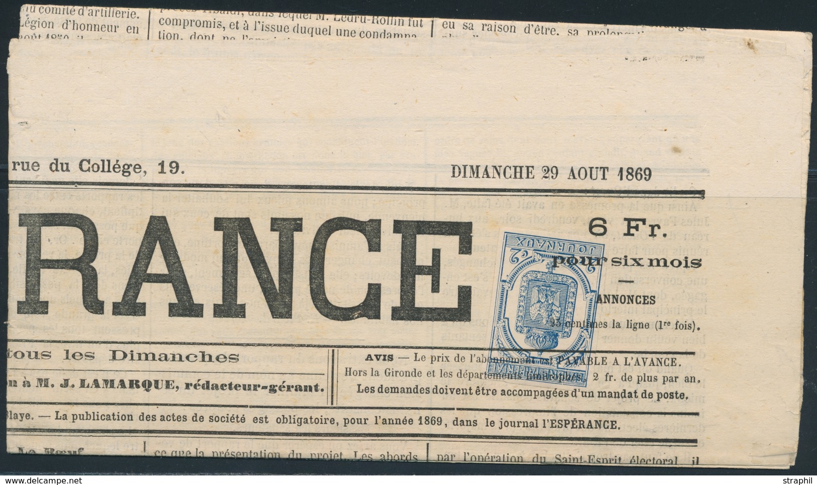 Journ. TIMBRES JOURNAUX - Journ. - N°2 - S/L'Espérance Du 29/8/1869 - Presque Cplet - Margé - TF - TB - Journaux