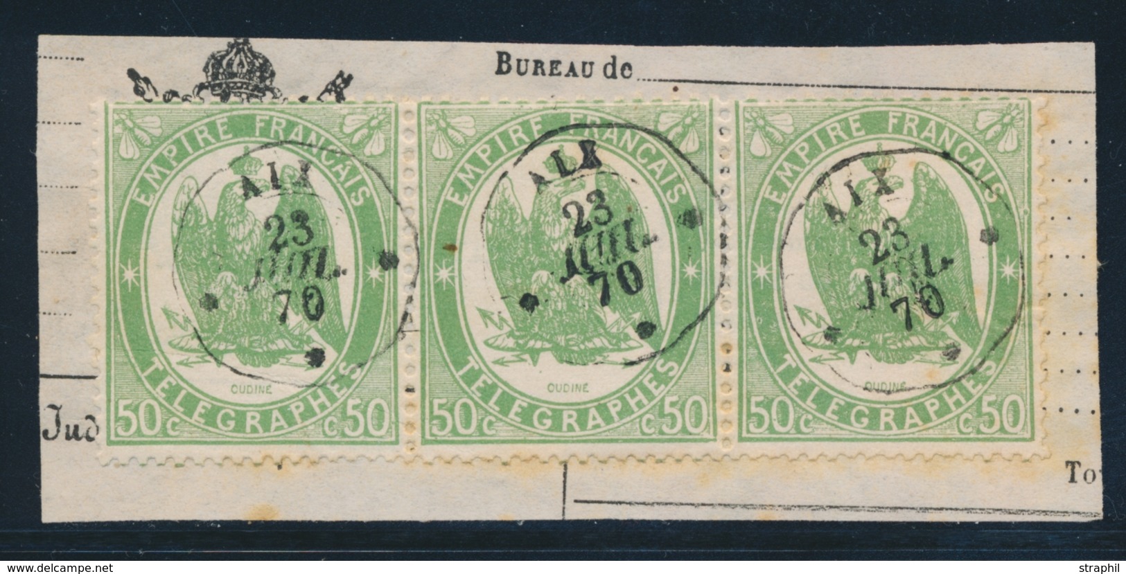 F TIMBRES - TELEGRAPHE - F - N°6 - 50c Vert - Bde De 3 - Obl. AIX - 23/7/70 - Qques Rousseurs - Sinon TB - Télégraphes Et Téléphones