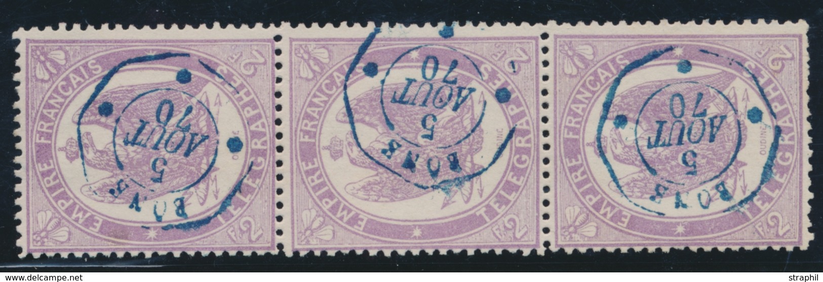 O TIMBRES - TELEGRAPHE - O - N°8 - 2F Violet - Bde De 3 Verticale - Obl. BÔNE - 5/09/70 - TB - Télégraphes Et Téléphones