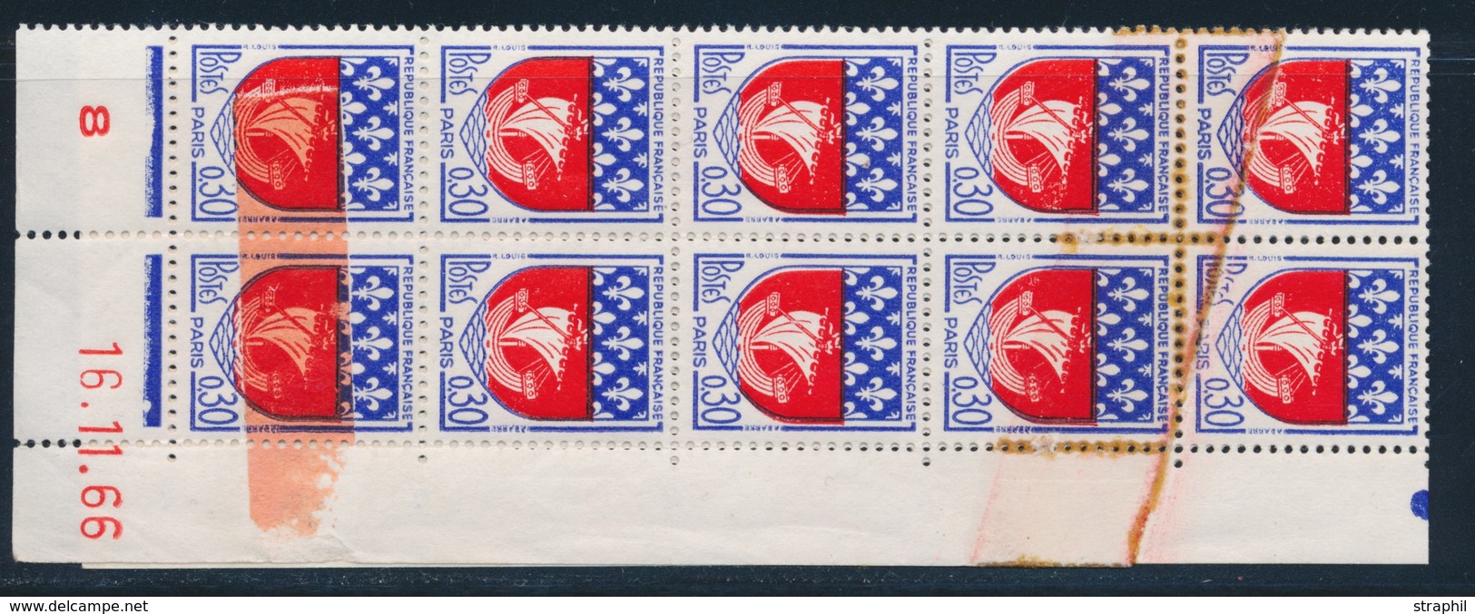 ** VARIETES  - ** - N°1354B - Bloc Vertic. De 10 - Daté 16/11/66 - 2 T. Avec Impression S/Raccord + 2 T. Imprimés S/somm - Neufs