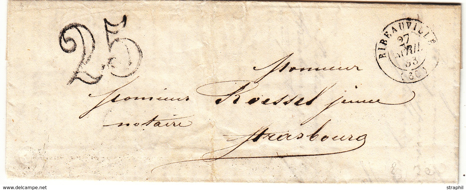 LAC CACHETS A DATE - LAC - T15 Ribeauvillé (1849) + CF "C"= St Hippolyte + Taxe Tampon 2 - B/TB - Briefe U. Dokumente