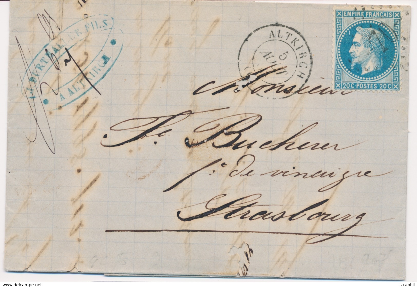 LAC PERIODE 1849-70 - HAUT-RHIN (Dépt 66) - LAC - N°29A - Obl. GC 70 - T15 - ALTKIRCH - 5/8/68 - Pr Strasbourg - TB - Storia Postale