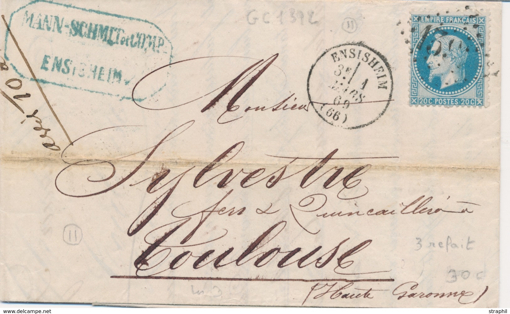 LAC PERIODE 1849-70 - HAUT-RHIN (Dépt 66) - LAC - N°29 - GC 1392 (3 Refait) + T16 Ensisheim - 1/3/69 - TB - Briefe U. Dokumente