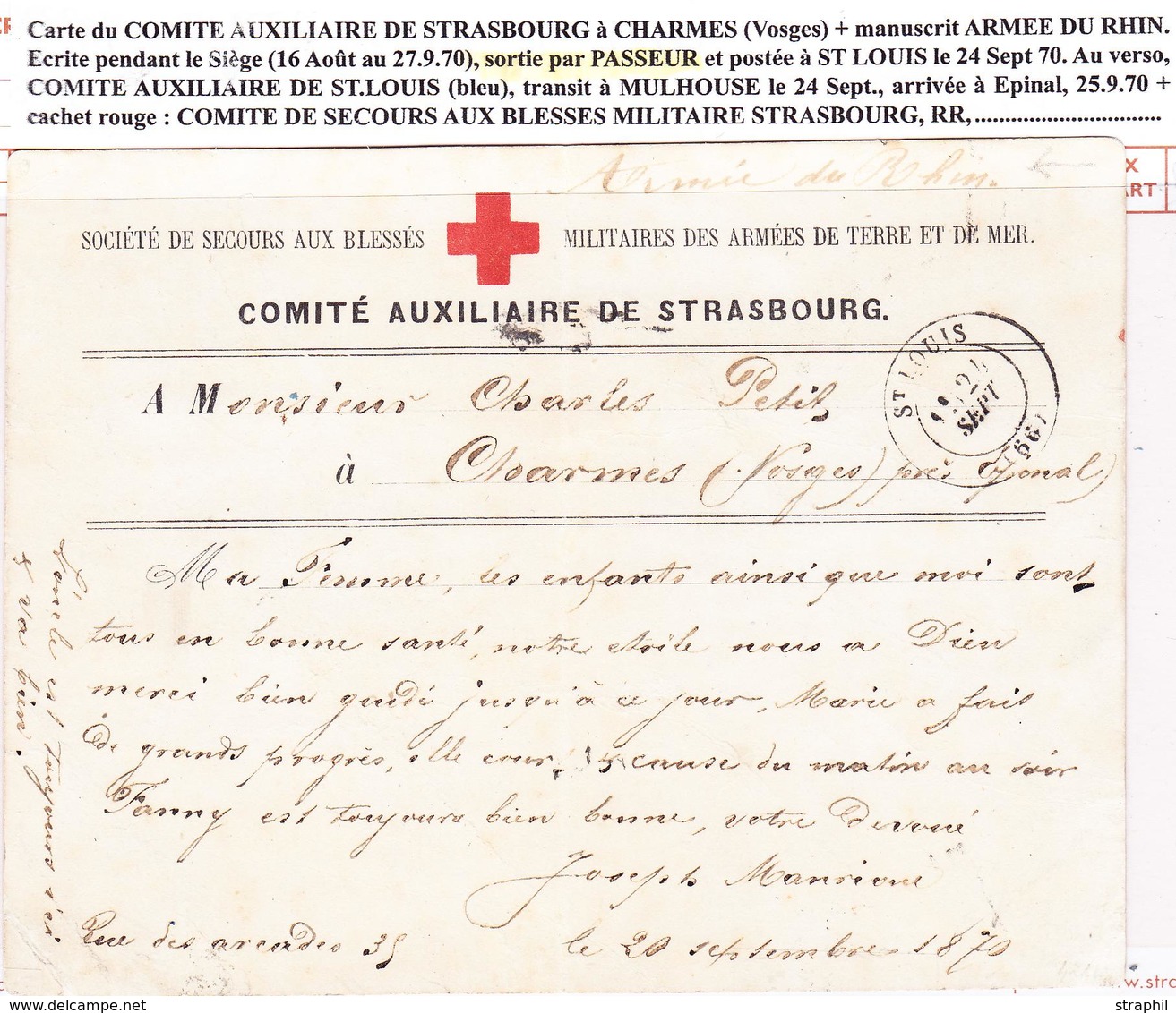 CP PLIS EN FRANCHISE - CP - Carte Du Comité Auxliaire De Strasbourg à Charmes (Vosges) + Manus Armée Du Rhin - écrite Pd - Brieven En Documenten
