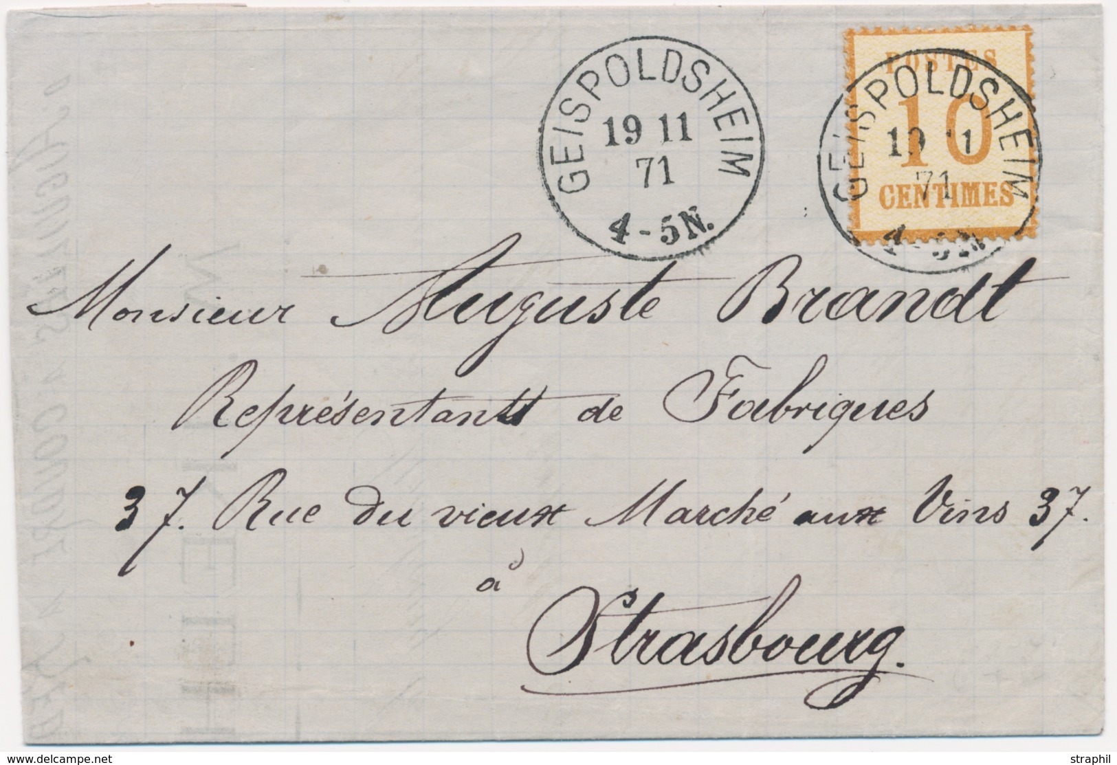 L TIMBRES D'ALS-LOR SUR LETTRE (1870-71) - L - N°5 - Geispolsheim - 19/11/71 - Ex Muller - TB - Autres & Non Classés