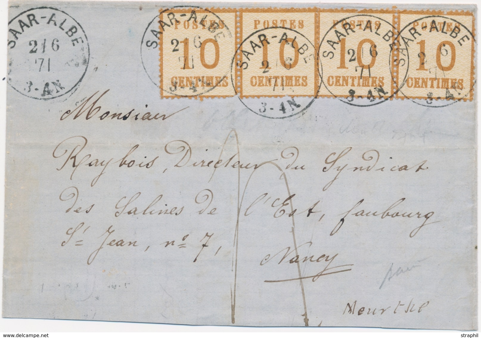 LAC TIMBRES D'ALS-LOR SUR LETTRE (1870-71) - LAC - N°5 - 2 Paires - Saar Albe - 2/6/71 - Pr Nancy - Taxe Manus. 4 - TB - Sonstige & Ohne Zuordnung