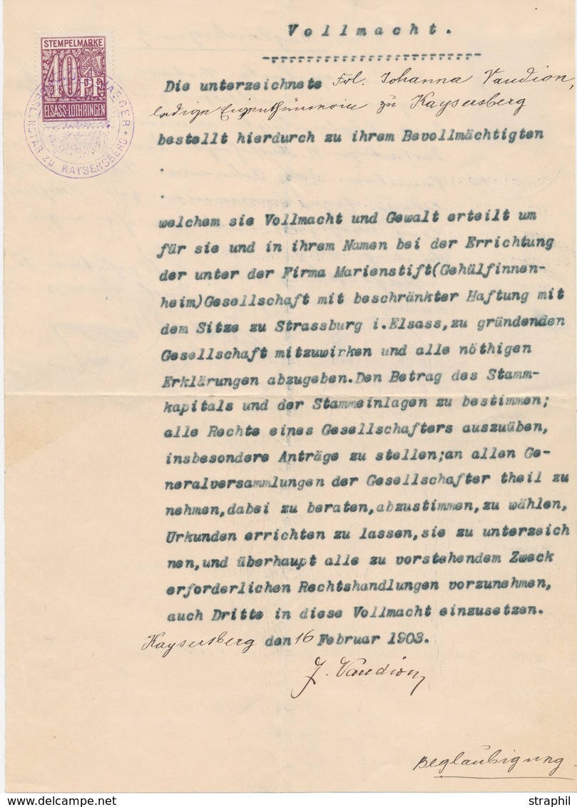 DOC TIMBRES FISCAUX - DOC - N°117 - 40pf Au Recto + N°123 - 1,60M Au Verso S/Doc De 1903 + Cachets "Notar Zu Kaysersberg - Sonstige & Ohne Zuordnung